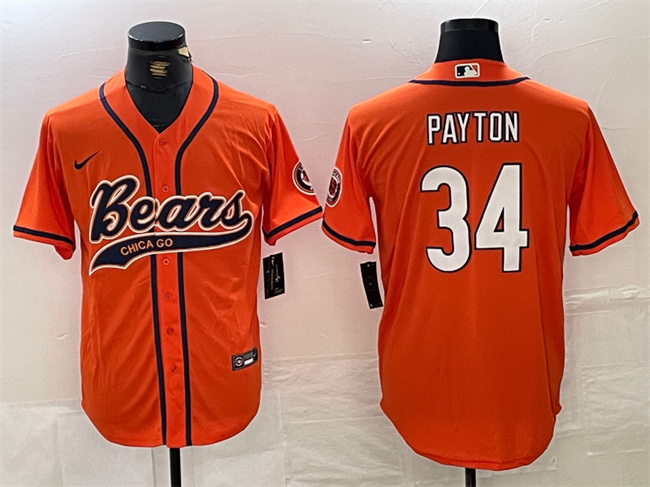 Men's Chicago Bears #34 Walter Payton Orange With Patch Cool Base Stitched Baseball Jersey